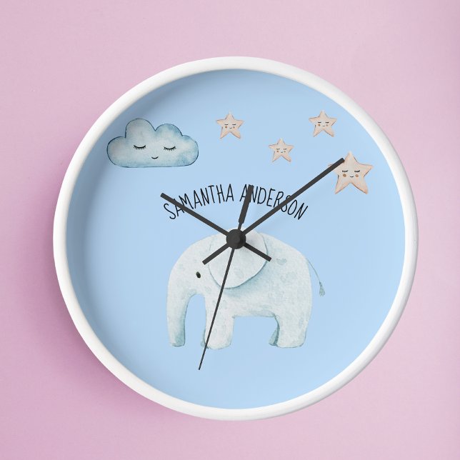 Modern Beauty Pastel Blue Elephant & Stars Kid Round Clock (Creator Uploaded)