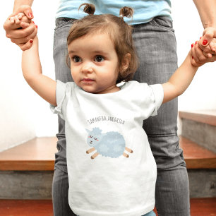 Modern Beauty Pastel Blue Sheep And Kid Name Baby T-Shirt