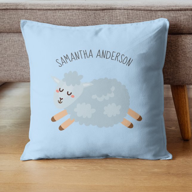 Modern Beauty Pastel Blue Sheep And Kid Name Cushion (Creator Uploaded)