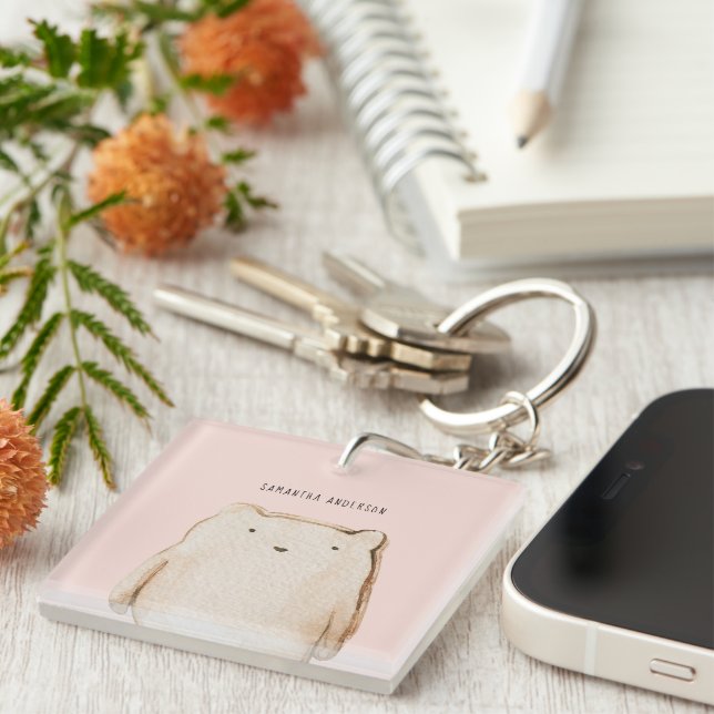 Modern Beauty Pastel Pink Bear With Name Key Ring (Front Right)