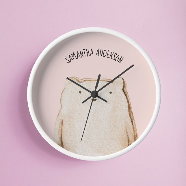 Modern Beauty Pastel Pink Bear With Name Round Clock (Creator Uploaded)