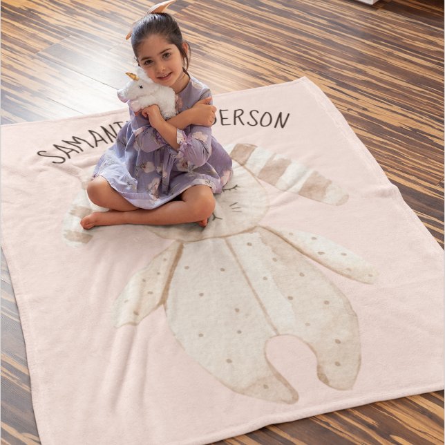 Modern Beauty Pastel Pink Bunny With Name Fleece Blanket (Creator Uploaded)