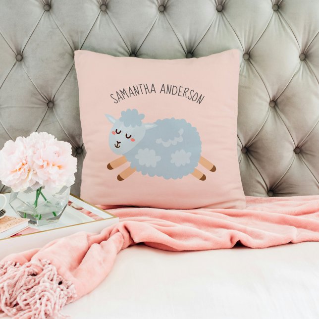 Modern Beauty Pastel Pink Sheep And Kid Name Cushion (Creator Uploaded)