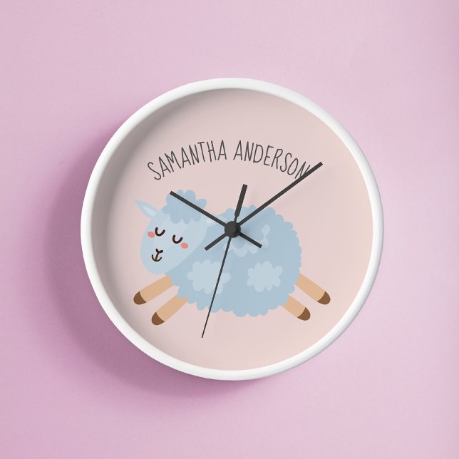 Modern Beauty Pastel Pink Sheep And Kid Name Round Clock (Creator Uploaded)