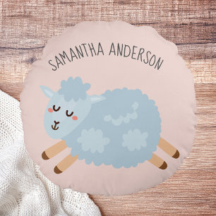 Modern Beauty Pastel Pink Sheep And Kid Name Round Cushion