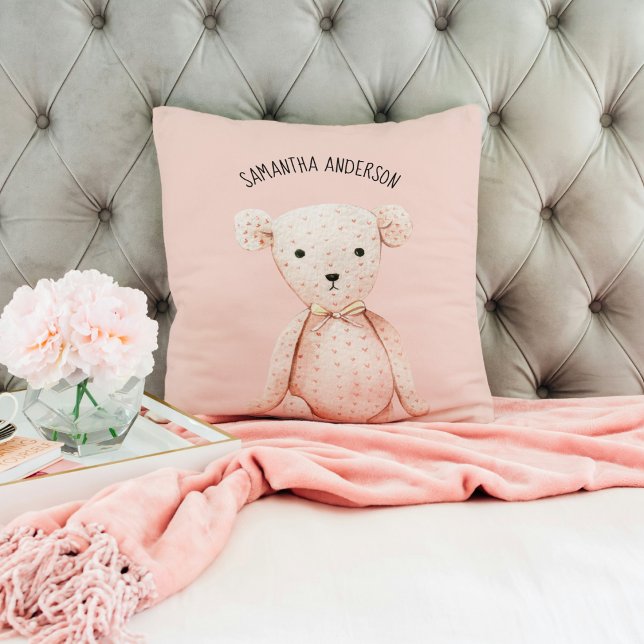 Modern Beauty Pastel Pink Teddy Bear With Name Cushion (Creator Uploaded)