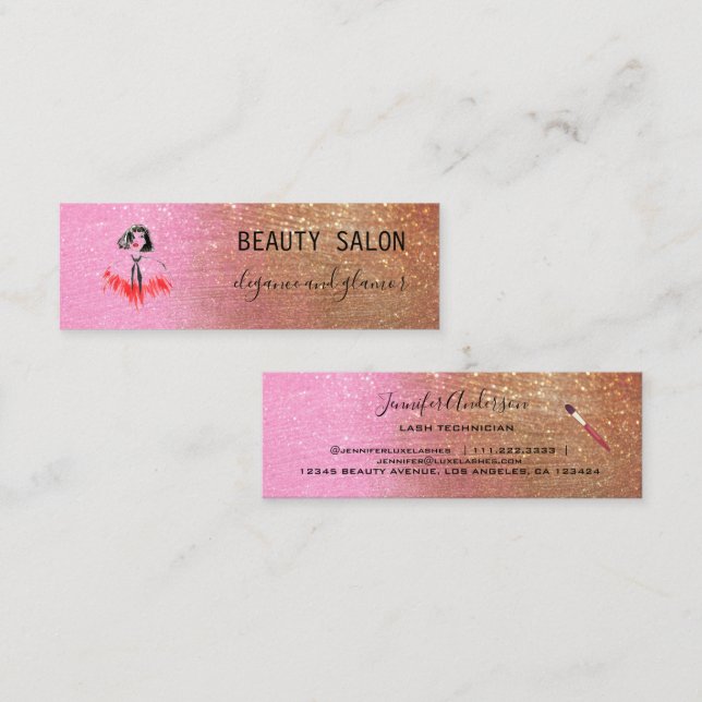 Modern Beauty Salon Glitter Gold Pink Mini Business Card (Front/Back)