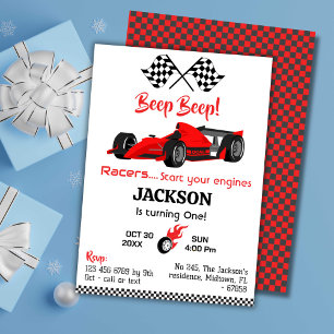 Modern beep beep red race sports car 1st birthday invitation