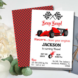 Modern beep beep red race sports car 3rd birthday invitation