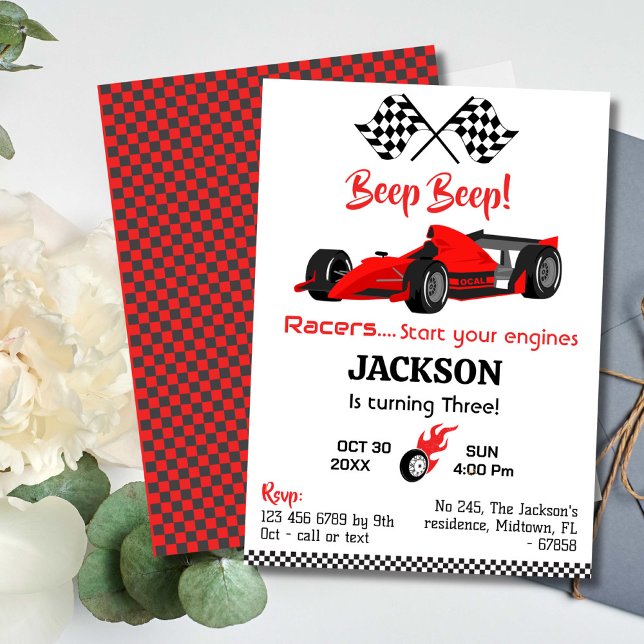 Modern beep beep red race sports car 3rd birthday invitation (Creator Uploaded)