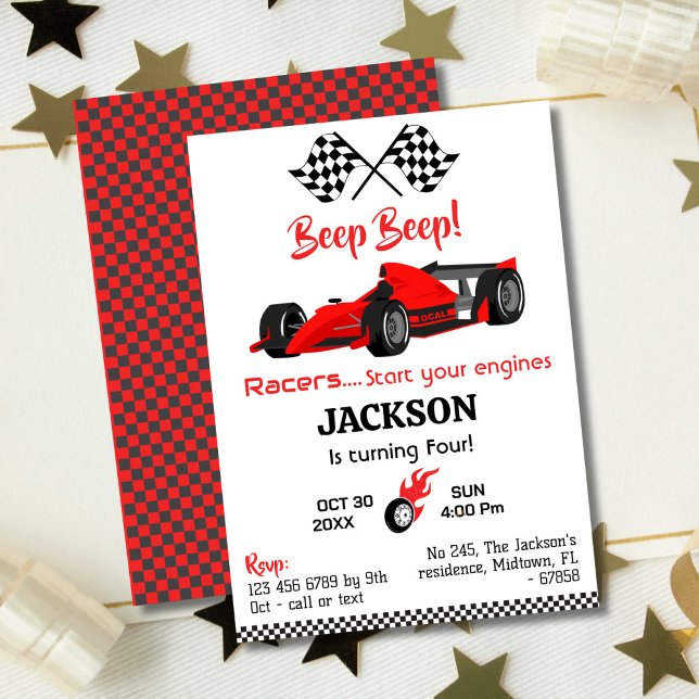 Modern beep beep red race sports car 4th birthday  invitation (Creator Uploaded)