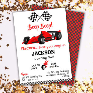 Modern beep beep red race sports car 5th birthday invitation