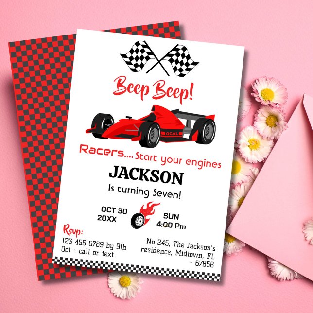 Modern beep beep red race sports car 7th birthday invitation (Creator Uploaded)