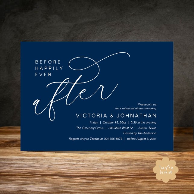 Modern Before Happily Ever After Rehearsal Dinner Invitation (Modern Before Happily Ever After Romantic Rehearsal Dinner Invites Card PDF Aesthetic navy Blue)