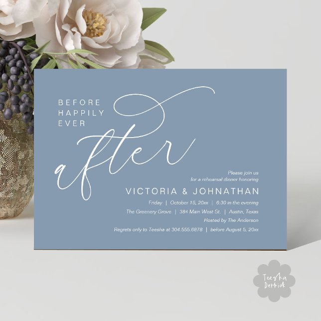 Modern Before Happily Ever After Rehearsal Dinner Invitation (Modern Before Happily Ever After Romantic Rehearsal Dinner Invites Card PDF Aesthetic Dusty Blue)