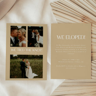 Modern Beige 3-Photo Elopement Wedding Party Invitation
