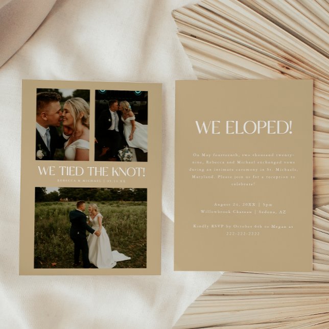 Modern Beige 3-Photo Elopement Wedding Party Invitation (Creator Uploaded)
