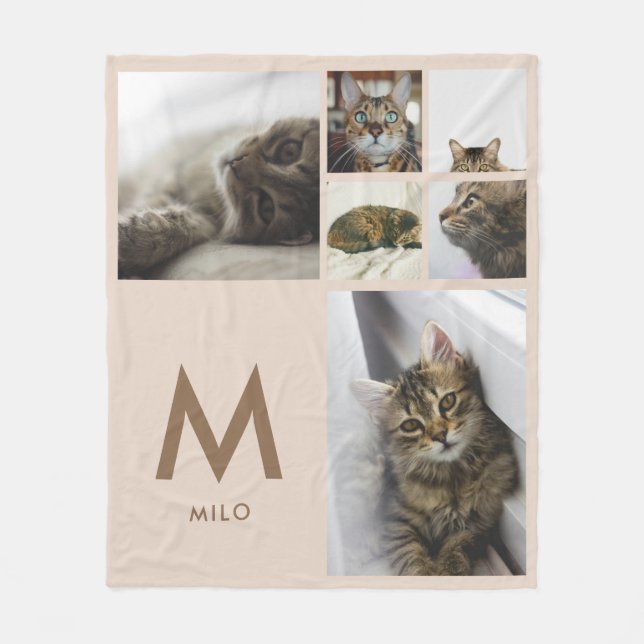 Modern Beige 6 Photo Collage Pet Monogram Fleece Blanket (Front)