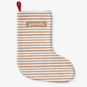 Modern Beige and White Stripes with Name Small Christmas Stocking