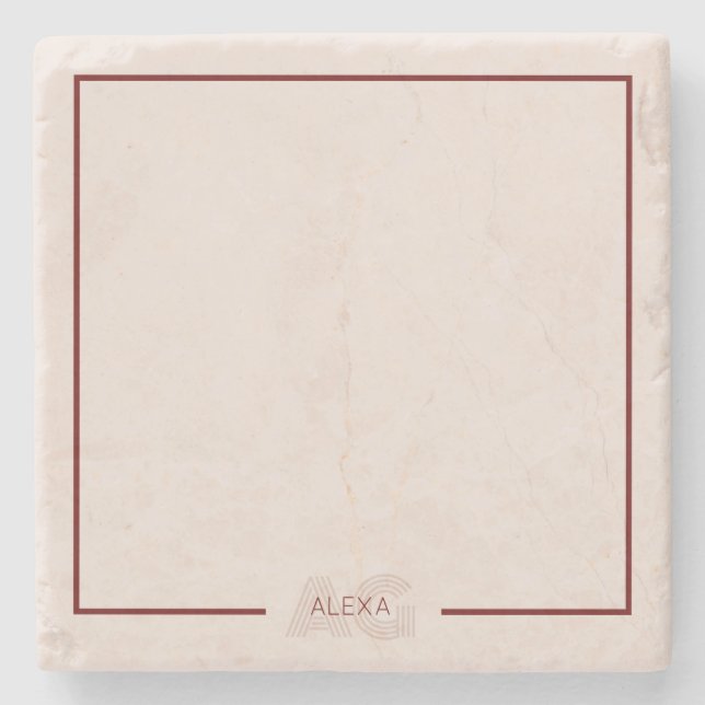 Modern Beige and Wine Monogram Stone Coaster (Front)