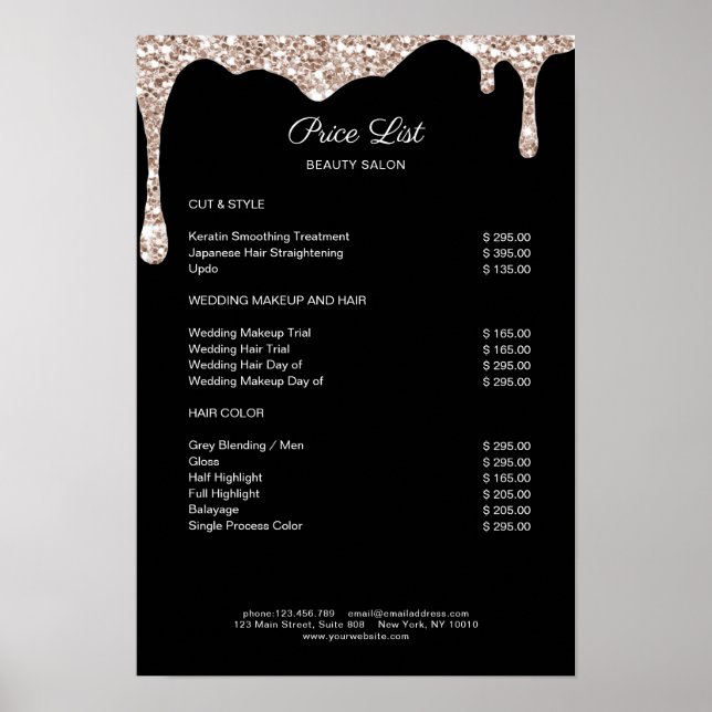 Modern Beige Black Glitter Price List Poster (Front)