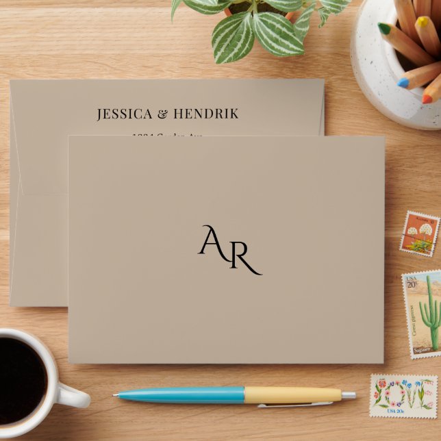 Modern Beige & Black Minimalist Elegant Wedding  Envelope (Desk)