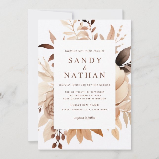 Modern Beige Boho Floral Wedding Invitation (Front)