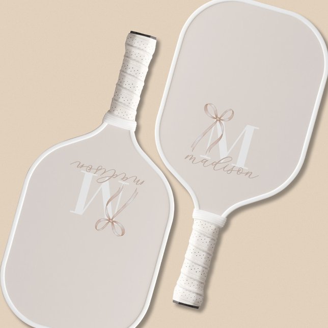 Modern Beige Bow Initial Monogram Pickleball Paddle (Creator Uploaded)