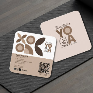 Modern Beige Brown Pattern Yoga Studio  Square Business Card