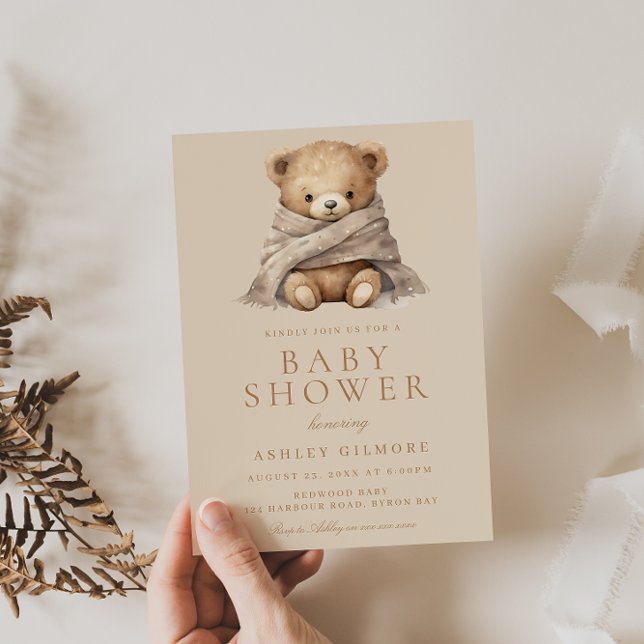Modern Beige Brown Teddy Bear Baby Shower Invitation (Creator Uploaded)