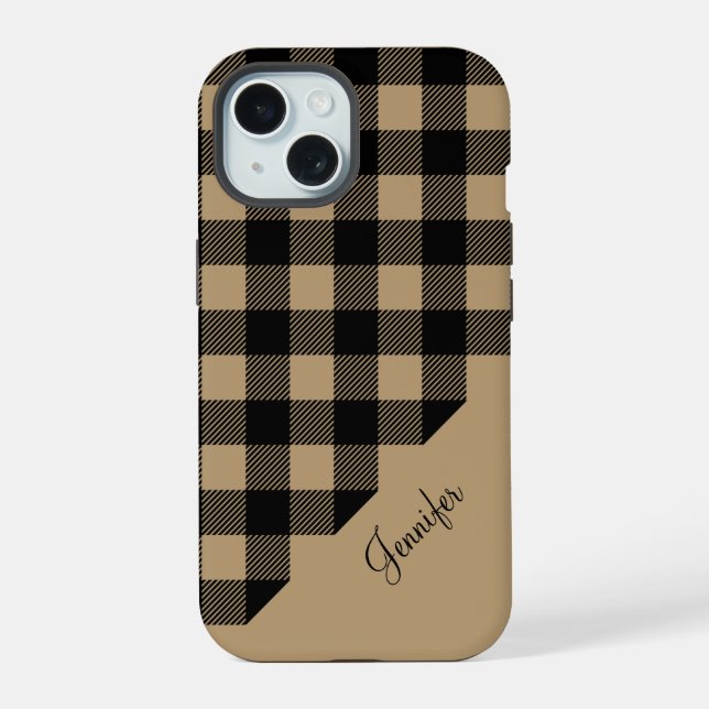 Modern Beige Buffalo Plaid Check Pattern  iPhone 15 Case (Back)