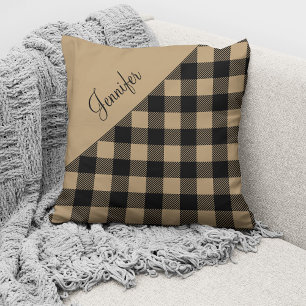 Modern Beige Buffalo Plaid Check Pattern Name Cushion
