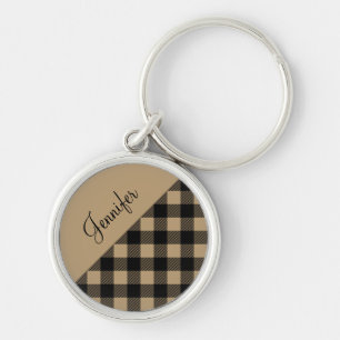 Modern Beige Buffalo Plaid Check Pattern Name Key Ring