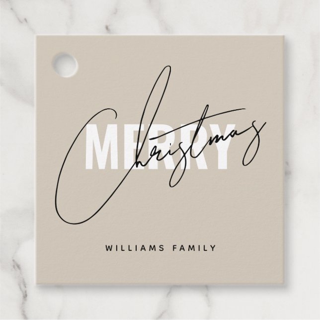Modern beige Christmas script  Favour Tags (Front)