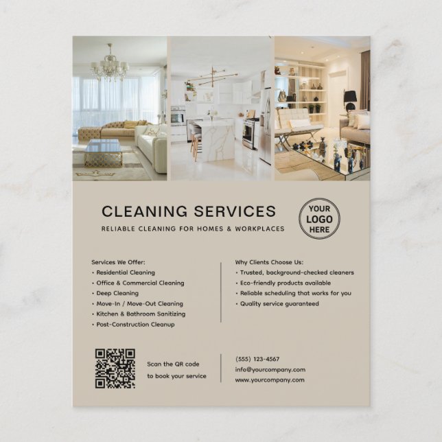 Modern Beige Cleaning Services QR Business Flyer (Front)