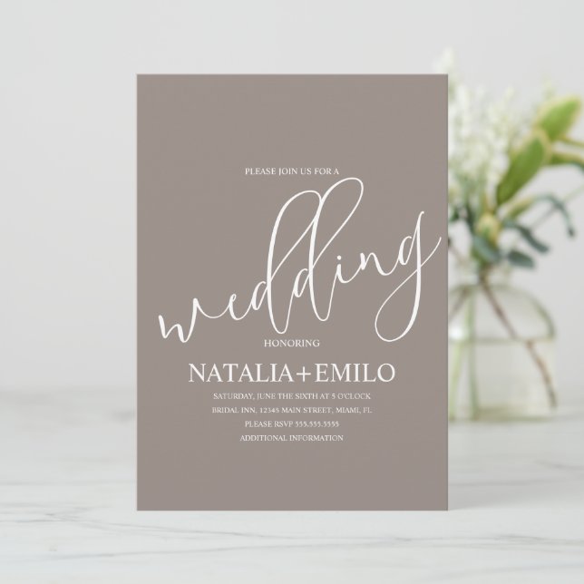 Modern Beige Cream Script Minimal Wedding Invitation (Standing Front)