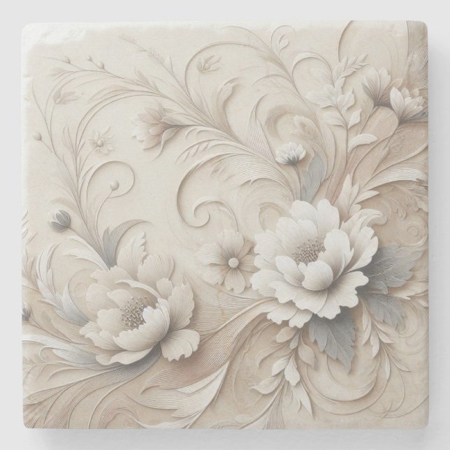 Modern Beige Flowers 1 Stone Coaster (Front)