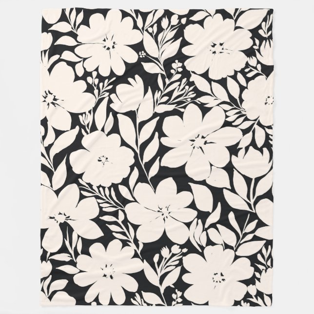 Modern Beige Flowers Black Botanical Fleece Blanket (Front)
