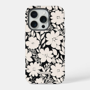 Modern Beige Flowers Black Botanical iPhone 15 Pro Case