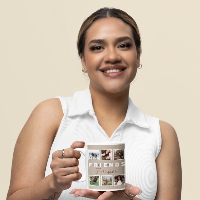 Modern Beige Friends Forever Photo Collage Two-Tone Coffee Mug (Creator Uploaded)