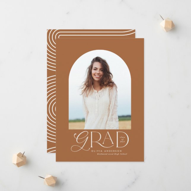 Modern beige geometric photo arch graduation annou announcement (Front/Back In Situ)