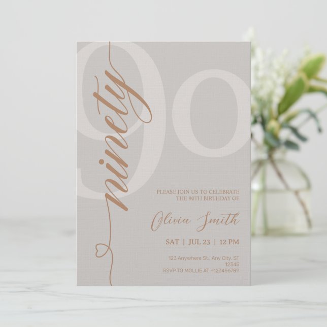 Modern Beige & Gold 90th Birthday Party Invitation (Standing Front)