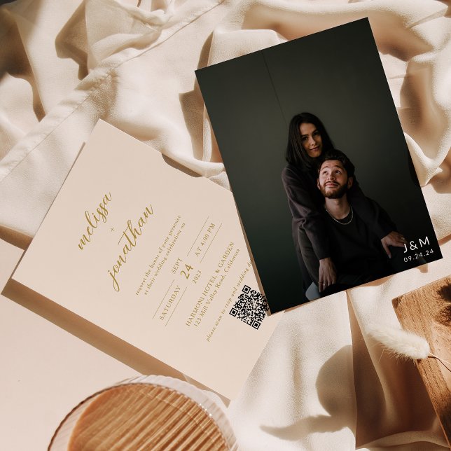 Modern Beige Gold Photo Monogram QR code Wedding Invitation (Creator Uploaded)
