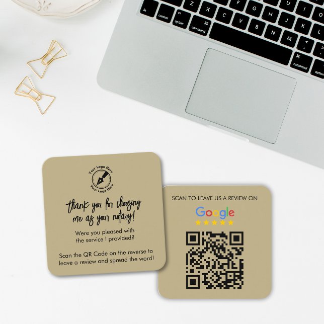 Modern Beige Google Review QR Code Notary Logo Square Business Card (Creator Uploaded)