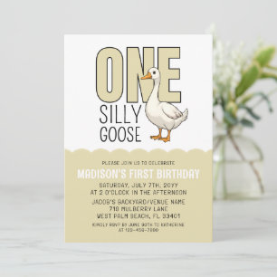 Modern Beige Green One Silly Goose 1st Birthday Invitation