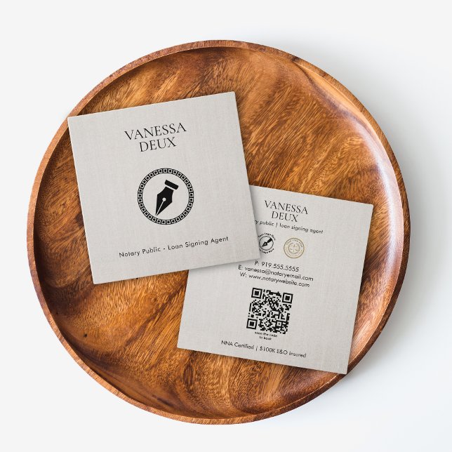 Modern Beige Linen Notary Pen QR Logo Elegant Square Business Card (Creator Uploaded)