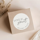 Modern Beige Love is Sweet Wedding Favour Classic Round Sticker<br><div class="desc">Custom-designed wedding favour stickers and labels featuring "love is sweet" modern black and beige design with personalised name and date.</div>
