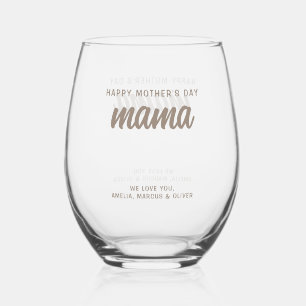 Modern Beige Mama Kid's Names Mother's Day  Stemless Wine Glass