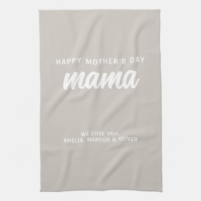 Modern Beige Mama Kid's Names Mother's Day  Tea Towel (Vertical)
