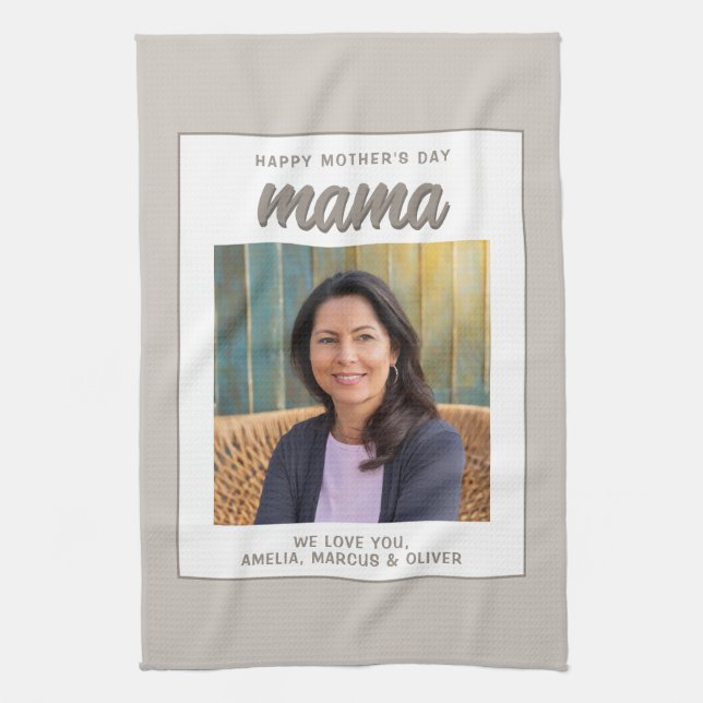 Modern Beige Mama Kids Photo Mother's Day  Tea Towel (Vertical)
